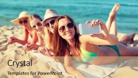  Presentation with women making - Colorful presentation design enhanced with summer vacation travel technology and people concept - close up of smiling women in sunglasses and hats making selfie with smartphone on beach backdrop and a lemonade colored foreground