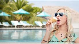  Presentation with food ice - Cool new PPT layouts with summer vacation travel tourism junk food and people concept - young woman or teenage girl in sunglasses eating ice cream over pool on resort beach background backdrop and a coral colored foreground