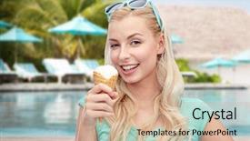  Presentation with food ice - Colorful PPT layouts enhanced with summer vacation travel tourism junk food and people concept - young woman or teenage girl in sunglasses eating ice cream over pool on resort beach background backdrop and a coral colored foreground