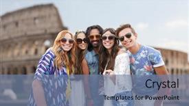  Presentation with tourism selfie - PPT layouts featuring summer vacation travel tourism technology and people concept - smiling young hippie friends taking picture by smartphone selfie stick over coliseum in rome background background and a seafoam green colored foreground