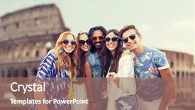  Presentation with tourism selfie - PPT theme featuring summer vacation travel tourism technology background and a  colored foreground