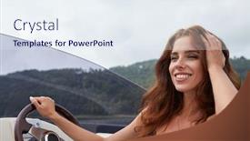  Presentation with vacation - PPT theme with summer-vacation-young-woman-driving background and a sky blue colored foreground