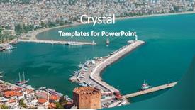  Presentation with ancient ship sea - Presentation design enhanced with summer vacations - blue mediterranean sea and turkey alanya east coast beach resort with lighthouse and ship bay view from ancient mountain castle wall background and a teal colored foreground