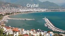  Presentation with ancient ship sea - Cool new PPT theme with summer vacations - blue mediterranean sea and turkey alanya east coast beach resort with lighthouse and ship bay view from ancient mountain castle wall backdrop and a seafoam green colored foreground
