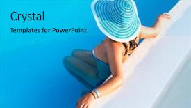  Presentation with swimming pool - Slide set with summer water - woman in hat relaxing background and a cyan colored foreground