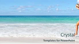  Presentation with girl running on the beach clouds - PPT layouts having summer water - woman running on the beach background and a sky blue colored foreground