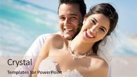  Presentation with romantic beach - Slide deck enhanced with summer wedding - portrait of a smiling couple background and a coral colored foreground