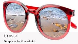  Presentation with reflecting - Presentation design featuring summertime concept - sunglasses have a beach with wave of sea reflecting on isolated white background background and a lemonade colored foreground