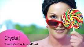  Presentation with balloons - Slides featuring summertime fun - bright woman in sunglasses background and a  colored foreground