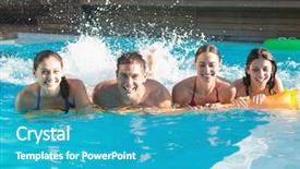  Presentation with swimming pool - Presentation theme with summertime fun - portrait of cheerful young people background and a  colored foreground