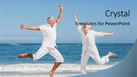  Presentation with senior couple - Colorful slides enhanced with summertime fun - senior couple jumping backdrop and a light blue colored foreground