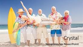  Presentation with honolulu senior on a beach - Presentation design featuring summertime fun - senior friends holding senior woman background and a  colored foreground