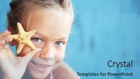  Presentation with seashell - Beautiful PPT theme featuring summertime tropical vacation travel - child holding seashell on blue backdrop and a light blue colored foreground