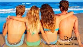  Presentation with group of happy couples - Presentation theme featuring summertime tropical vacation travel - friends group couples sitting background and a  colored foreground