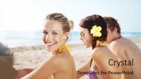  Presentation with people enjoying - Slides enhanced with summertime tropical vacation travel - group of young people enjoying background and a coral colored foreground