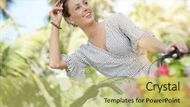  Presentation with super woman women power - Audience pleasing presentation consisting of summery - super smily young woman backdrop and a yellow colored foreground