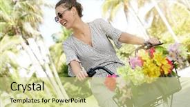  Presentation with super woman women power - Colorful presentation theme enhanced with summery - super smily young woman backdrop and a soft green colored foreground