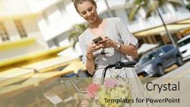  Presentation with bicycle - Presentation theme having summery young woman smiling background and a coral colored foreground