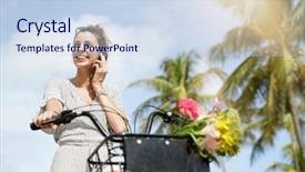  Presentation with cute - Presentation theme enhanced with summery young woman with cellphone background and a sky blue colored foreground