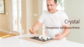  Presentation with dim sum - Slide deck with sums - middle age man eating asian background and a lemonade colored foreground