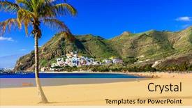  Presentation with scenic - Audience pleasing slides consisting of sun - beaches of tenerife- las teresitas backdrop and a yellow colored foreground