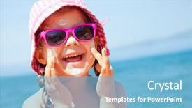  Presentation with face scrub cream - Amazing PPT theme having sun - girl anoints her face protective backdrop and a light blue colored foreground