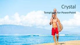  Presentation with father son hands - Audience pleasing PPT theme consisting of sun bathing - father and son going surfing backdrop and a cool aqua colored foreground