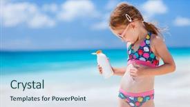  Presentation with girl running on the beach clouds - Presentation theme having sun care - adorable little girl at tropical background and a sky blue colored foreground