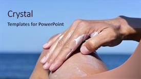  Presentation with sunscreen - Cool new slides with sun care - closeup of a young caucasian backdrop and a light blue colored foreground