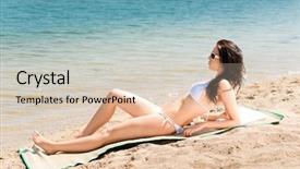  Presentation with summer at the beach - Presentation design enhanced with sun care - summer beach young woman sunbathing background and a  colored foreground