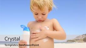  Presentation with child care - Presentation theme with sun care - summer vacation cute child applying background and a coral colored foreground