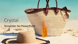  Presentation with beach bag - Presentation theme consisting of sun care vacation accessories to bring in your beach bag for caribbean holidays - sunglasses sun hat sunscreen solar lotion for sun protection background and a coral colored foreground