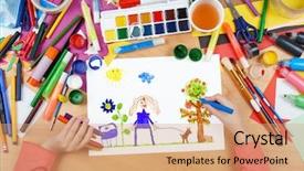  Presentation with sun cartoon - Slide deck with sun cartoon - child drawing walking girl background and a coral colored foreground