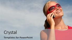  Presentation with mobile phone in woman hand - Colorful slide deck enhanced with sun cell - beautiful woman using a mobile backdrop and a  colored foreground