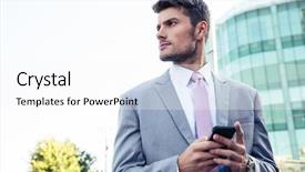  Presentation with passed away - PPT theme enhanced with sun dial - bsinessman using smartphone and looking background and a  colored foreground