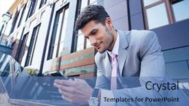  Presentation with smartphone - Slide set enhanced with sun dial - happy confident businessman using smartphone background and a  colored foreground