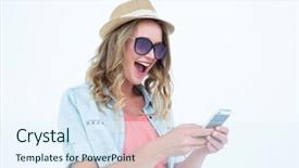  Presentation with smartphone - Theme with sun dial - smiling woman texting with her background and a  colored foreground