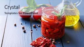  Presentation with dried tomato - Theme consisting of sun dried tomatoes in glass background and a light blue colored foreground