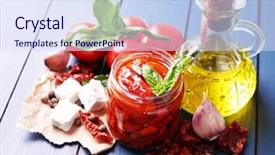  Presentation with olive oil bottle - Theme featuring sun dried tomatoes in glass jar olive oil in glass bottle and feta cheese on color wooden background background and a sky blue colored foreground