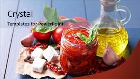  Presentation with olive oil bottle - Slides featuring sun dried tomatoes in glass jar olive oil in glass bottle and feta cheese on color wooden background background and a light blue colored foreground