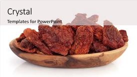  Presentation with wood rustic - Theme consisting of sun dried tomatoes with rock salt in a rustic olive wood bowl over white background background and a lemonade colored foreground