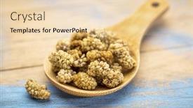  Presentation with white mulberry - Theme having sun-dried white mulberry berries on a wooden spoon against grunge wood selective focus background and a lemonade colored foreground