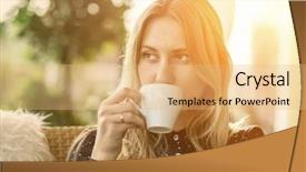  Presentation with coffee - Presentation theme enhanced with sun life - beautiful blonde female drink coffee background and a coral colored foreground