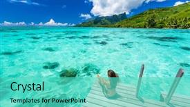  Presentation with luxury travel - Colorful slide set enhanced with sun looking at ocean backdrop and a seafoam green colored foreground