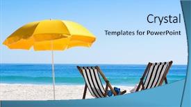  Presentation with umbrella - Cool new slide set with sun loungers and a beach backdrop and a light blue colored foreground