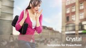  Presentation with wine shop and barrel - Amazing presentation theme having sun money - surprised woman looking backdrop and a gray colored foreground