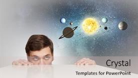  Presentation with planets - Presentation theme consisting of sun moon - young businessman looking background and a soft green colored foreground