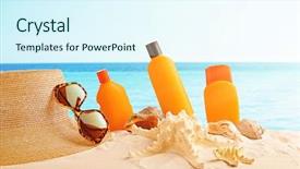  Presentation with sun tanning - Colorful slide set enhanced with sun protect - accessories for tanning on beach backdrop and a sky blue colored foreground