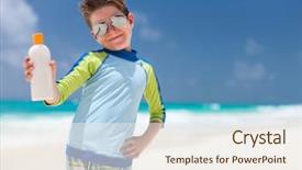  Presentation with bottle - Presentation design with sun protect - cute little boy at tropical background and a sky blue colored foreground