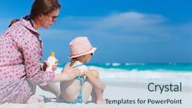  Presentation with cream - Cool new slide deck with sun protect - mother applying sunblock cream backdrop and a light blue colored foreground